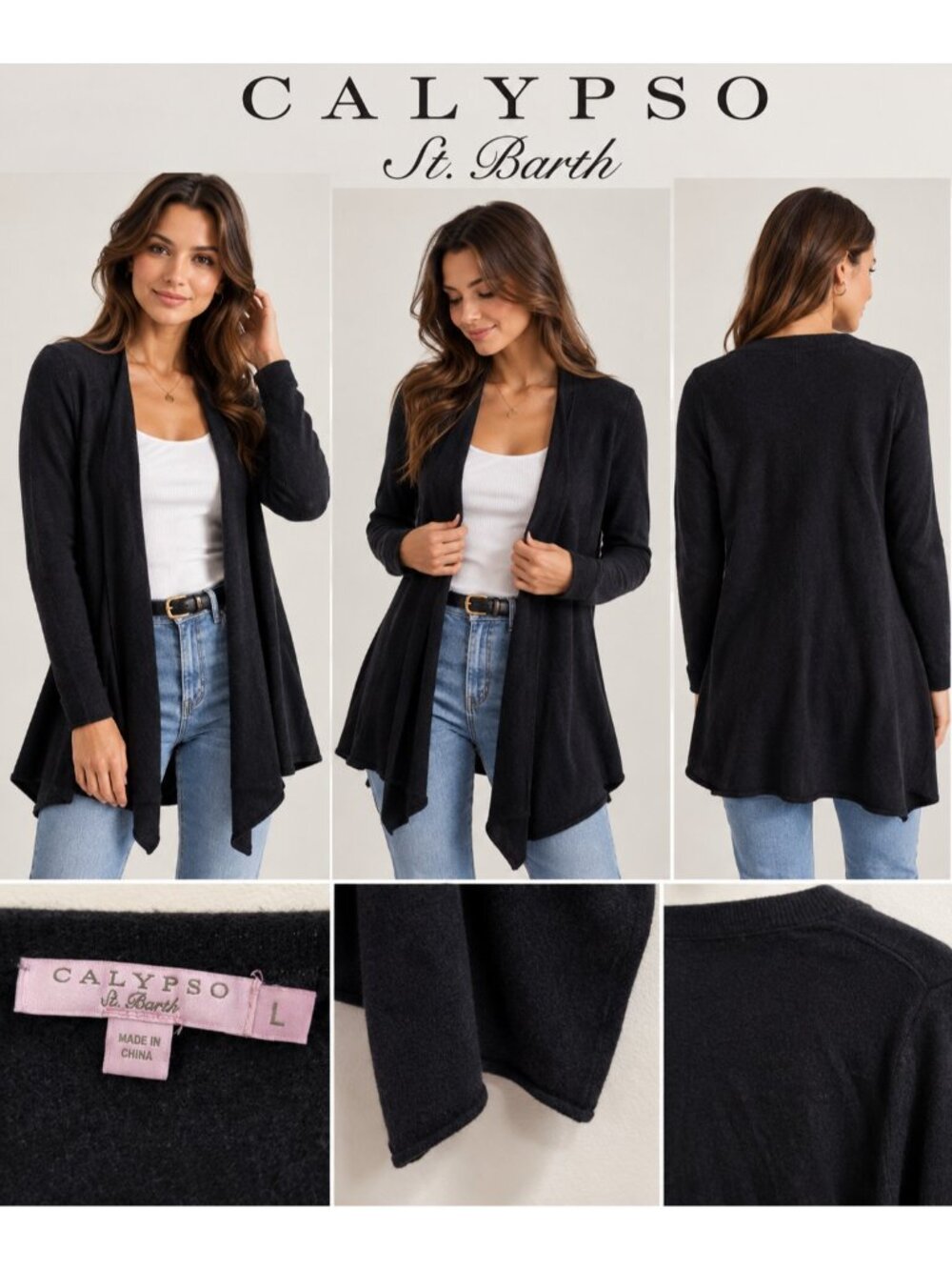 Calypso St. Barth 100% Cashmere Black Draped Open Front Cardigan Size L